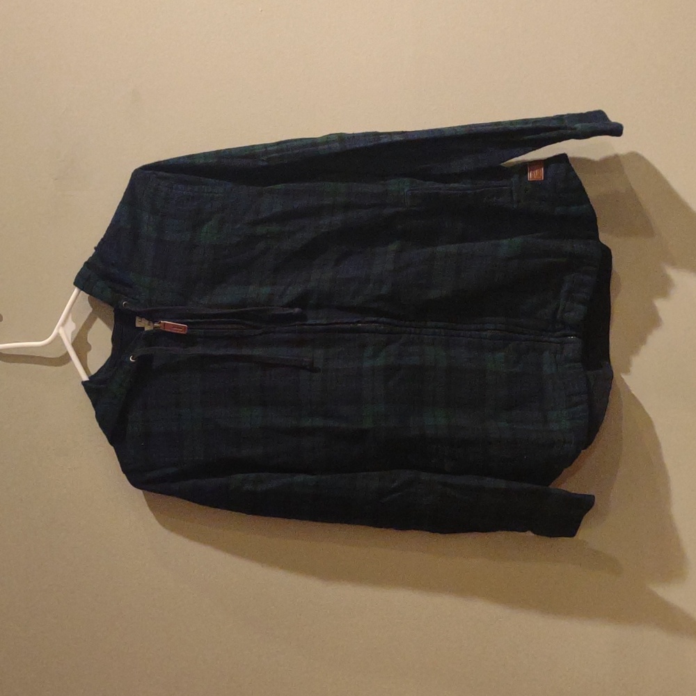 L.L. Bean‎ Relaxed Fit Navy /Green Plaid Flannel Full Zip Jacket Women's Small